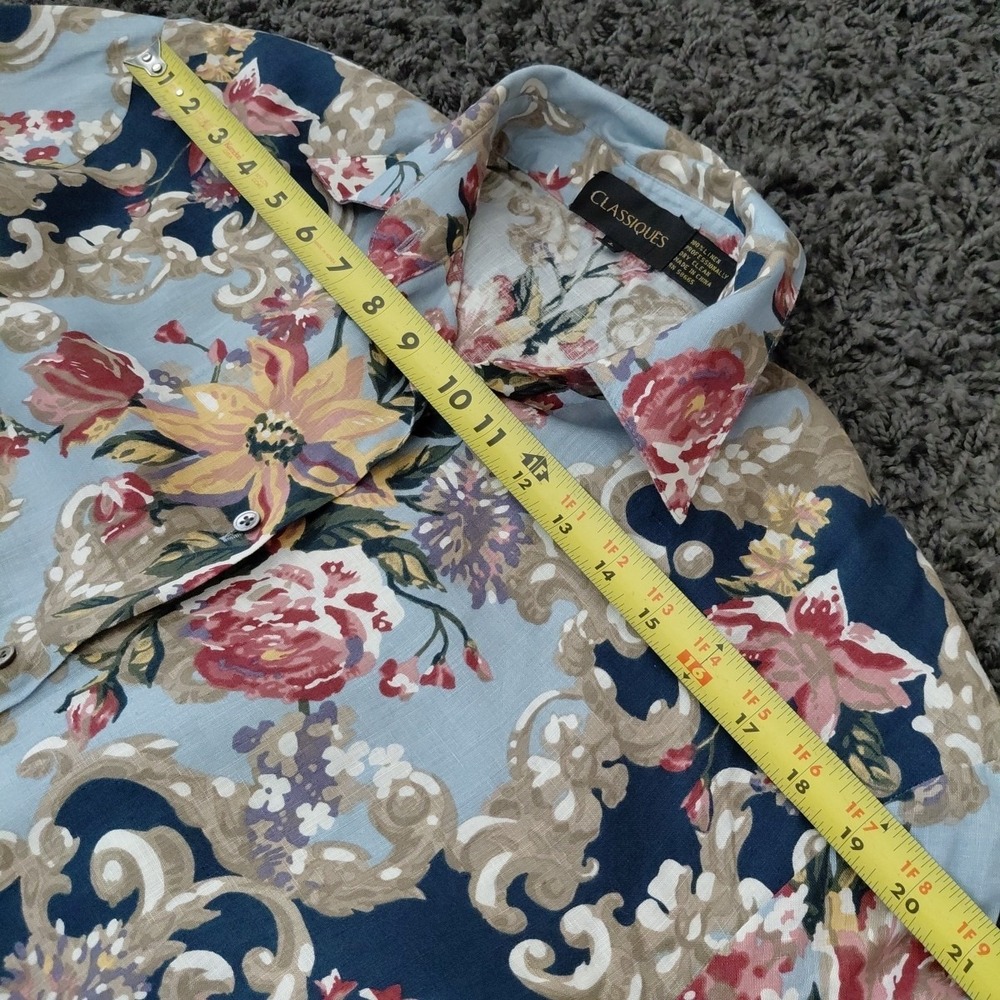 Vintage Classiques Countryside Button Up Blouse Top LARGE 100% Linen Blue Floral - Picture 8 of 12